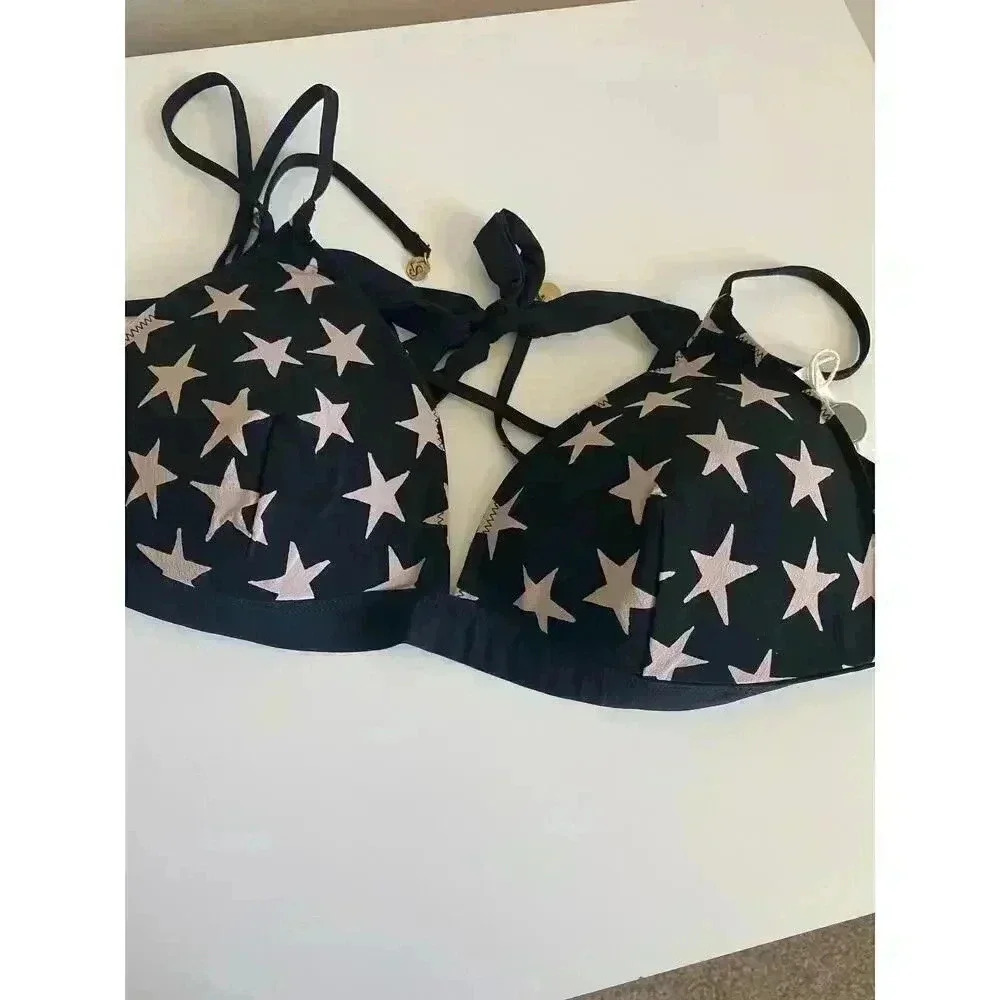 LOVE Stories Star Print Triangle Bikini Set 36A 36B Black White Swimsuit‎ NWT